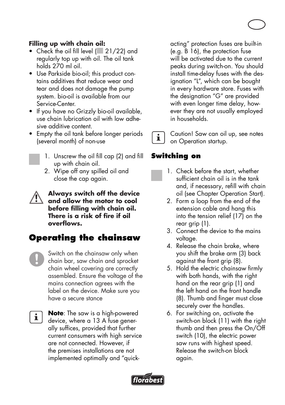 Operating the chainsaw | Florabest FKS 2200 D2 User Manual | Page 61 / 80