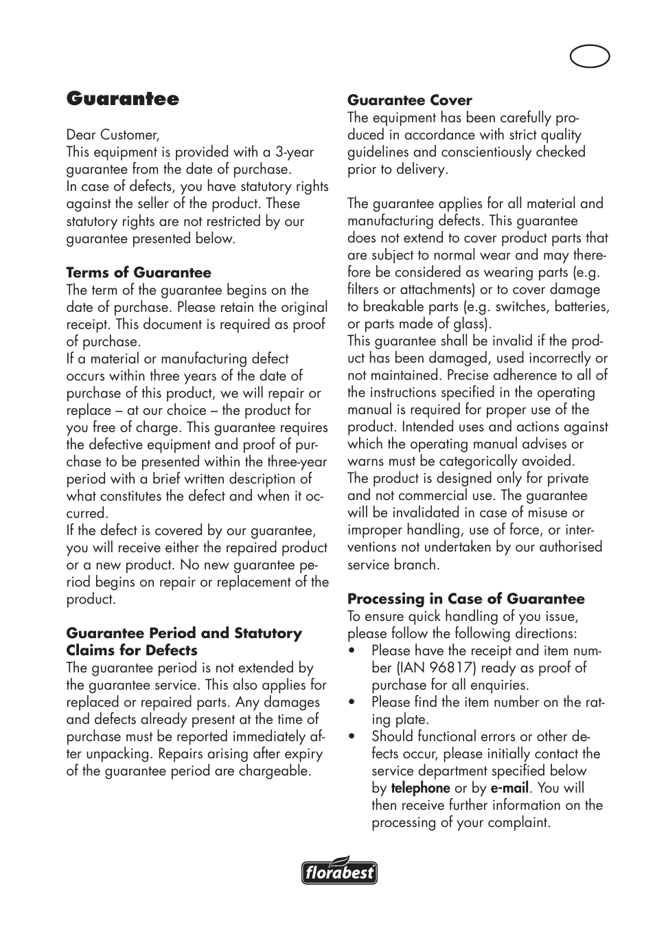 Guarantee | Florabest FKS 2200 D2 User Manual | Page 71 / 80