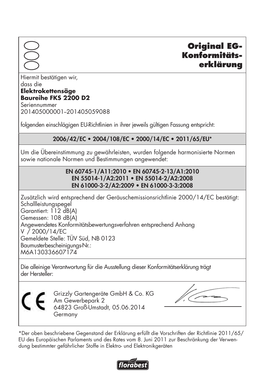 Original eg- konformitäts- erklärung | Florabest FKS 2200 D2 User Manual | Page 74 / 80