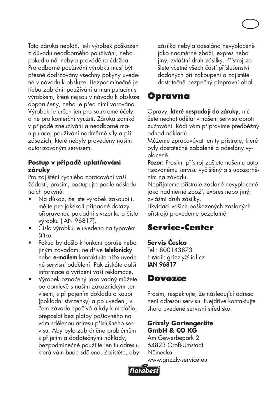 Opravna, Dovozce, Service-center | Florabest FKS 2200 D2 User Manual | Page 113 / 172