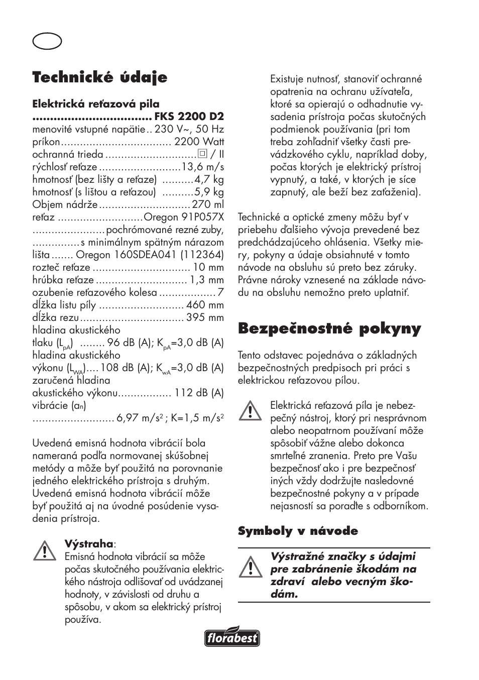 Technické údaje, Bezpečnostné pokyny | Florabest FKS 2200 D2 User Manual | Page 116 / 172