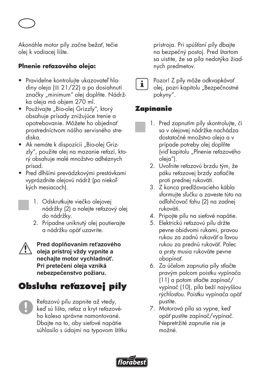 Obsluha reťazovej píly | Florabest FKS 2200 D2 User Manual | Page 124 / 172