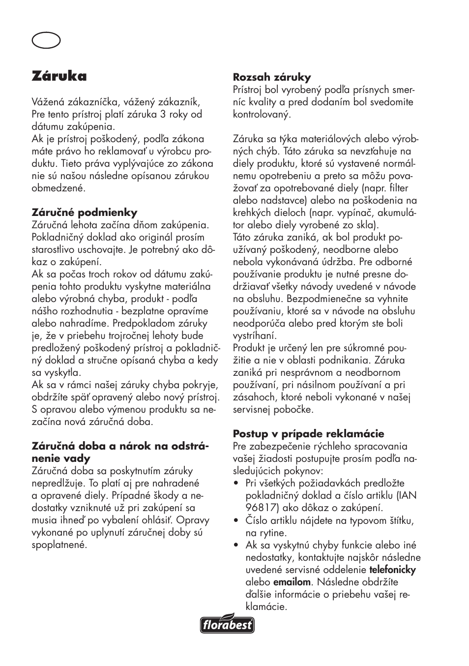 Záruka | Florabest FKS 2200 D2 User Manual | Page 134 / 172