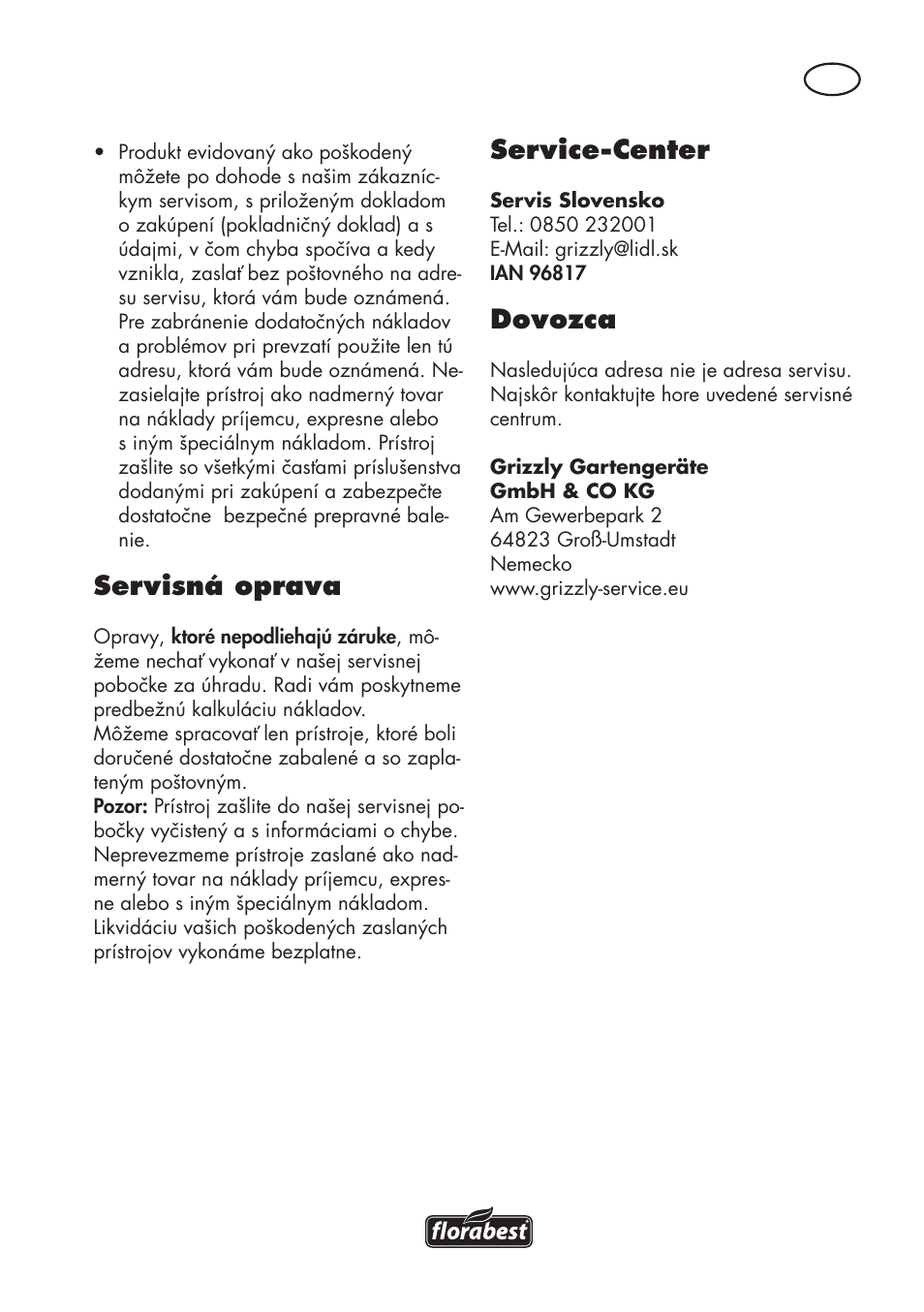 Service-center, Dovozca, Servisná oprava | Florabest FKS 2200 D2 User Manual | Page 135 / 172