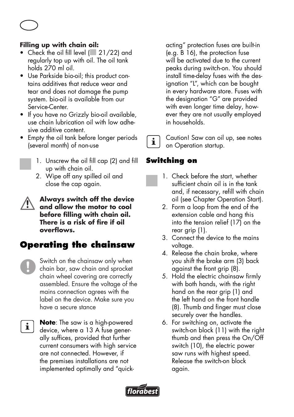 Operating the chainsaw | Florabest FKS 2200 D2 User Manual | Page 14 / 172