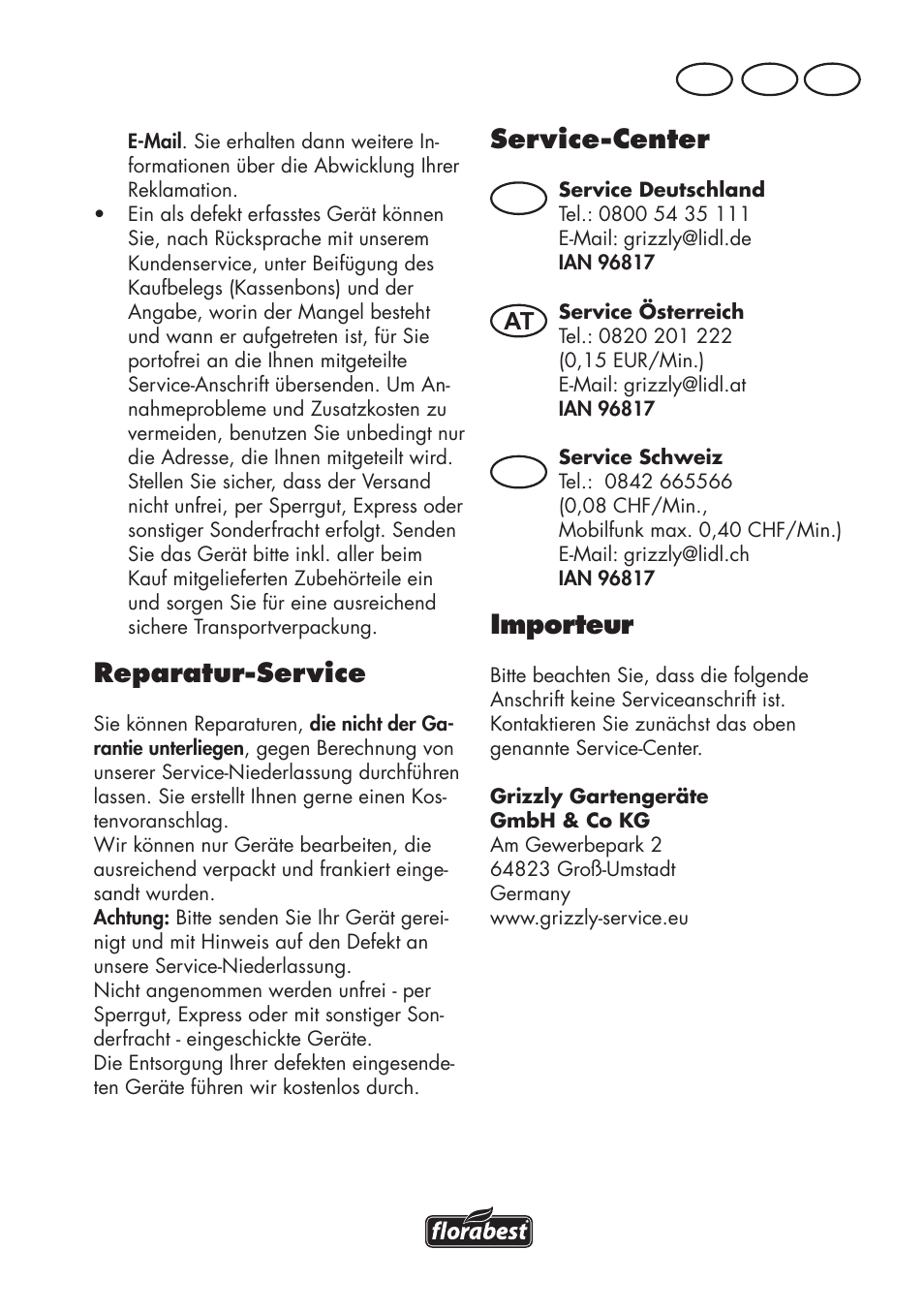 Service-center, Importeur, Reparatur-service | At ch de, De at ch | Florabest FKS 2200 D2 User Manual | Page 159 / 172
