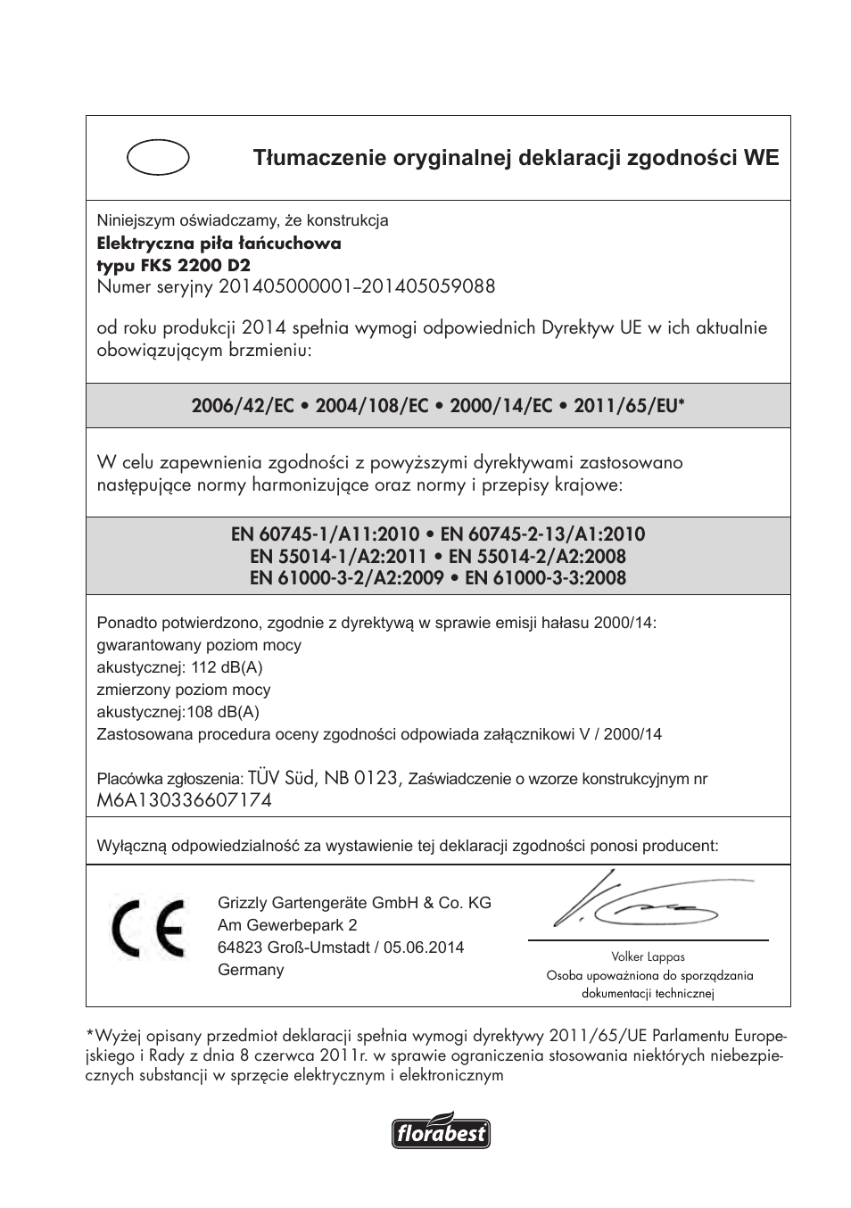 Tłumaczenie oryginalnej deklaracji zgodności we | Florabest FKS 2200 D2 User Manual | Page 161 / 172