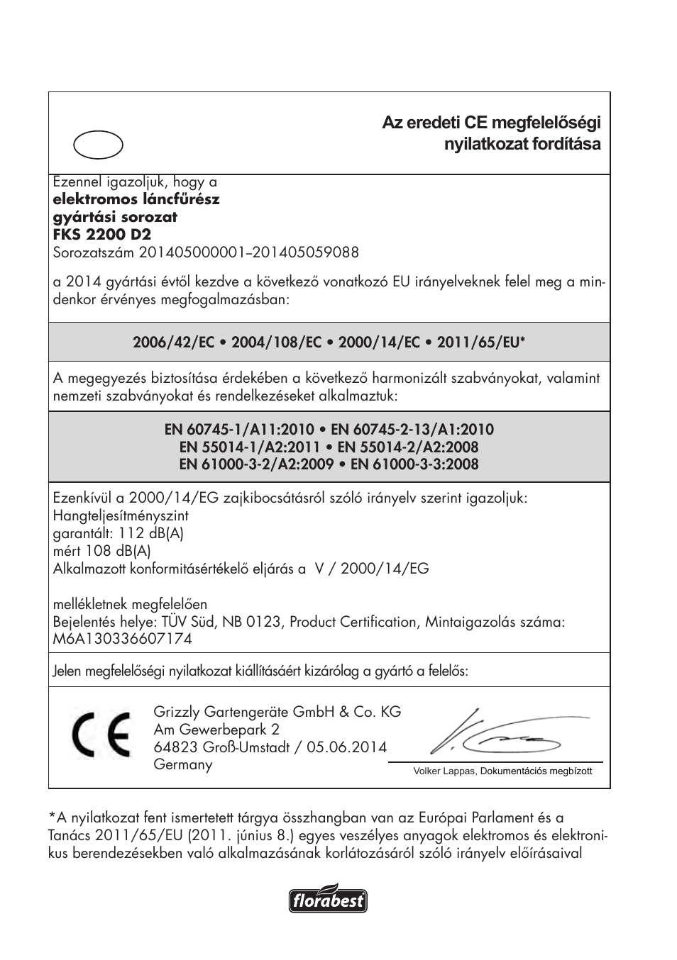 Az eredeti ce megfelelőségi nyilatkozat fordítása | Florabest FKS 2200 D2 User Manual | Page 162 / 172