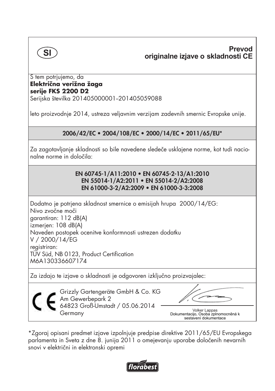 Prevod originalne izjave o skladnosti ce | Florabest FKS 2200 D2 User Manual | Page 163 / 172