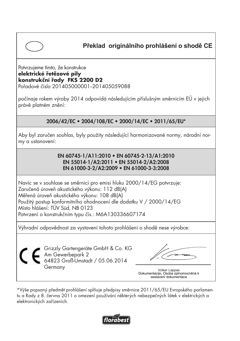 Překlad originálního prohlášení o shodě ce | Florabest FKS 2200 D2 User Manual | Page 164 / 172
