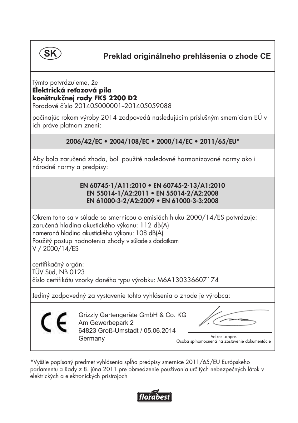 Preklad originálneho prehlásenia o zhode ce | Florabest FKS 2200 D2 User Manual | Page 165 / 172
