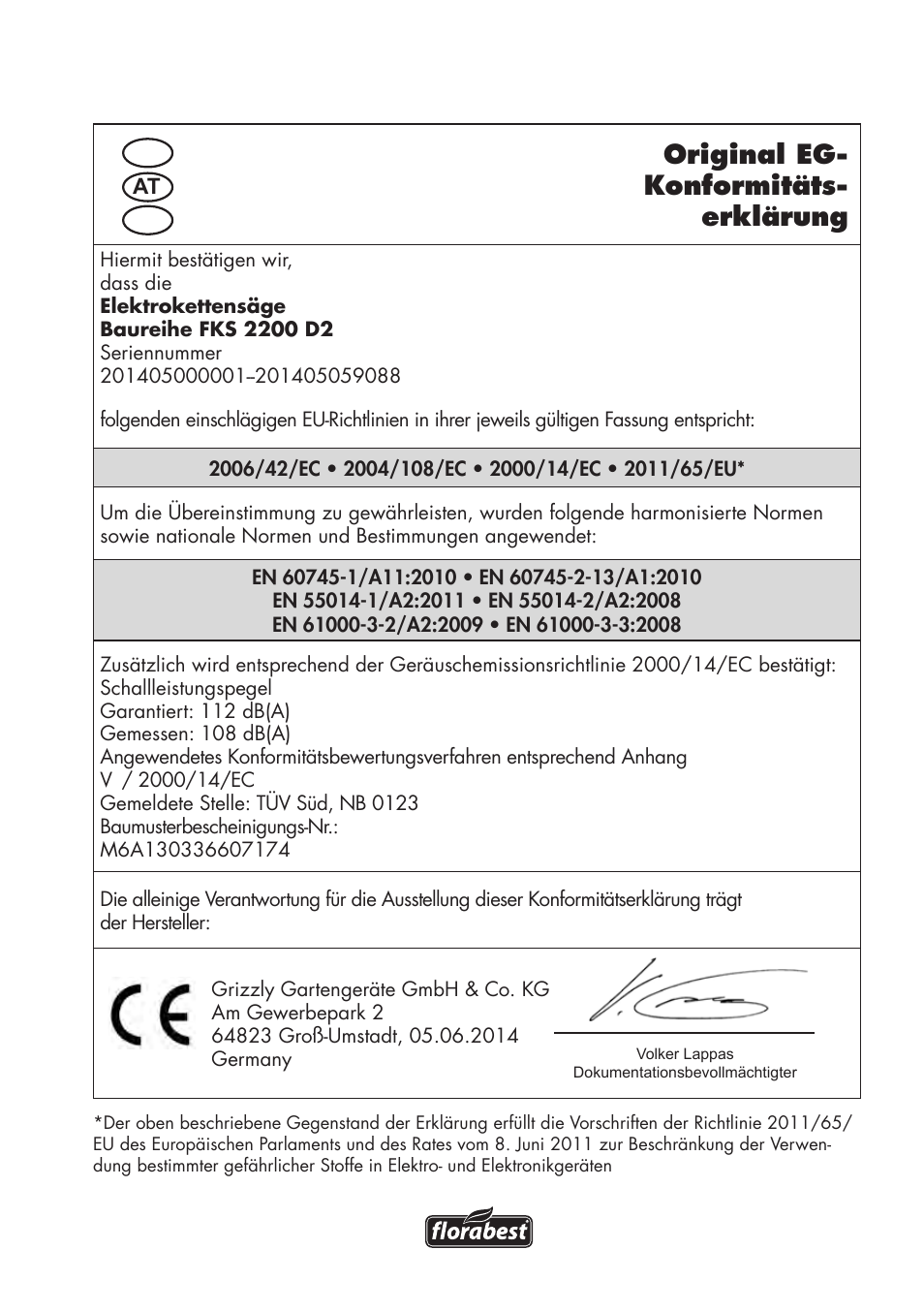 Original eg- konformitäts- erklärung | Florabest FKS 2200 D2 User Manual | Page 167 / 172