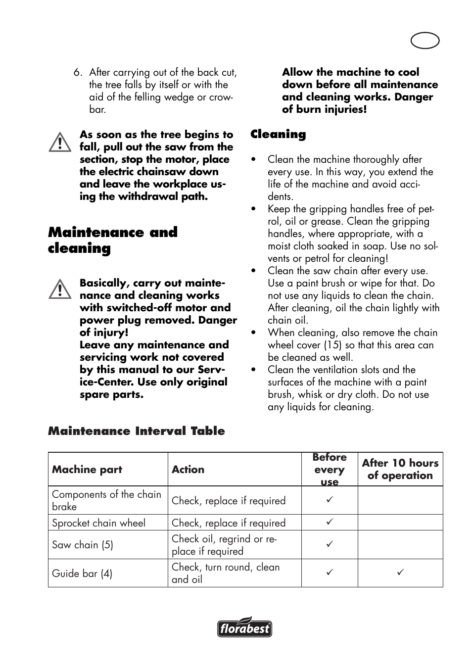 Maintenance and cleaning | Florabest FKS 2200 D2 User Manual | Page 19 / 172