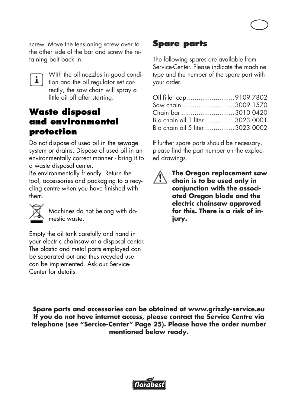 Spare parts, Waste disposal and environmental protection | Florabest FKS 2200 D2 User Manual | Page 23 / 172