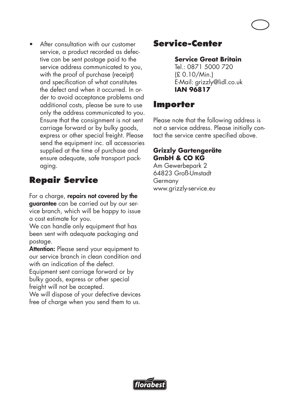 Repair service, Service-center, Importer | Florabest FKS 2200 D2 User Manual | Page 25 / 172