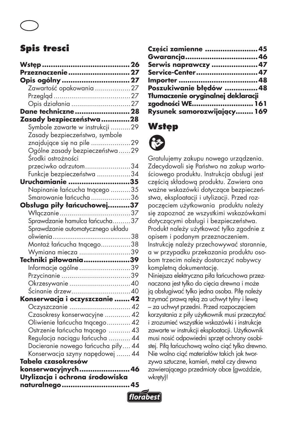 Wstęp, Spis tresci | Florabest FKS 2200 D2 User Manual | Page 26 / 172