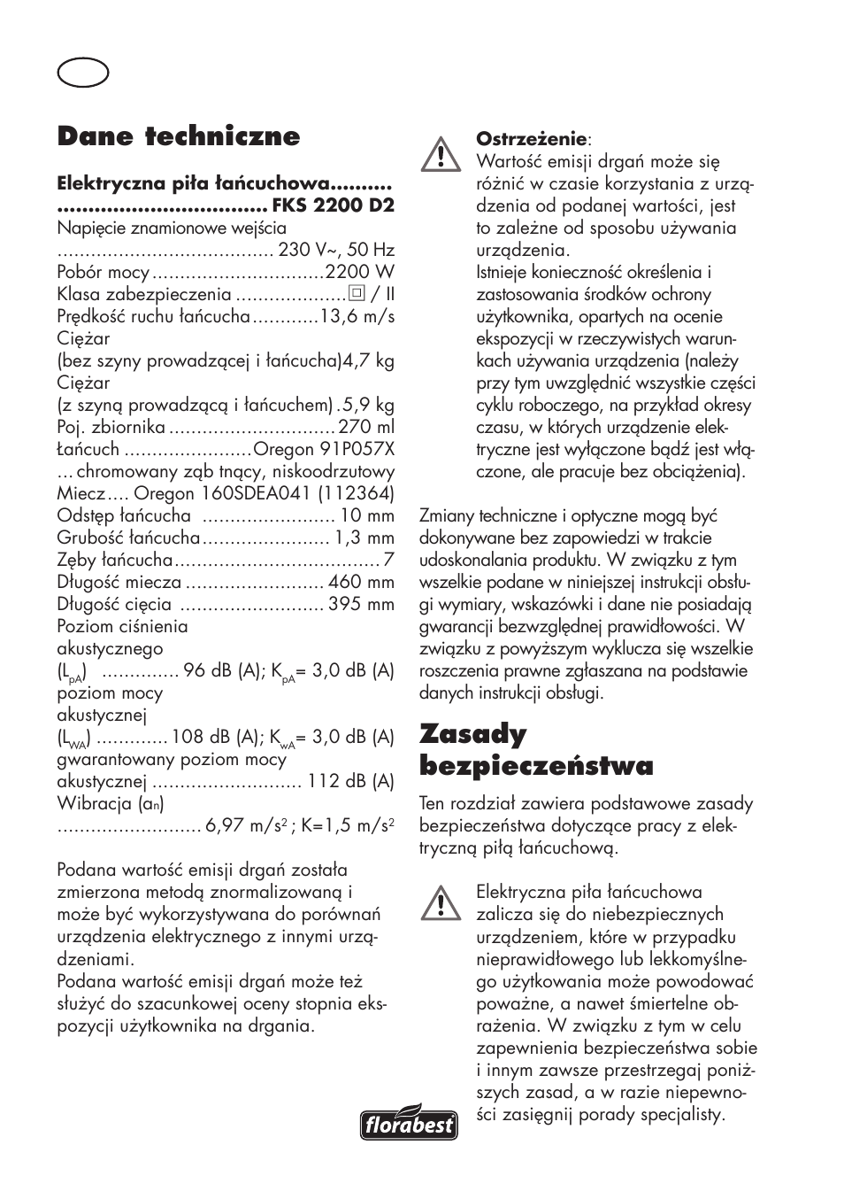 Dane techniczne, Zasady bezpieczeństwa | Florabest FKS 2200 D2 User Manual | Page 28 / 172