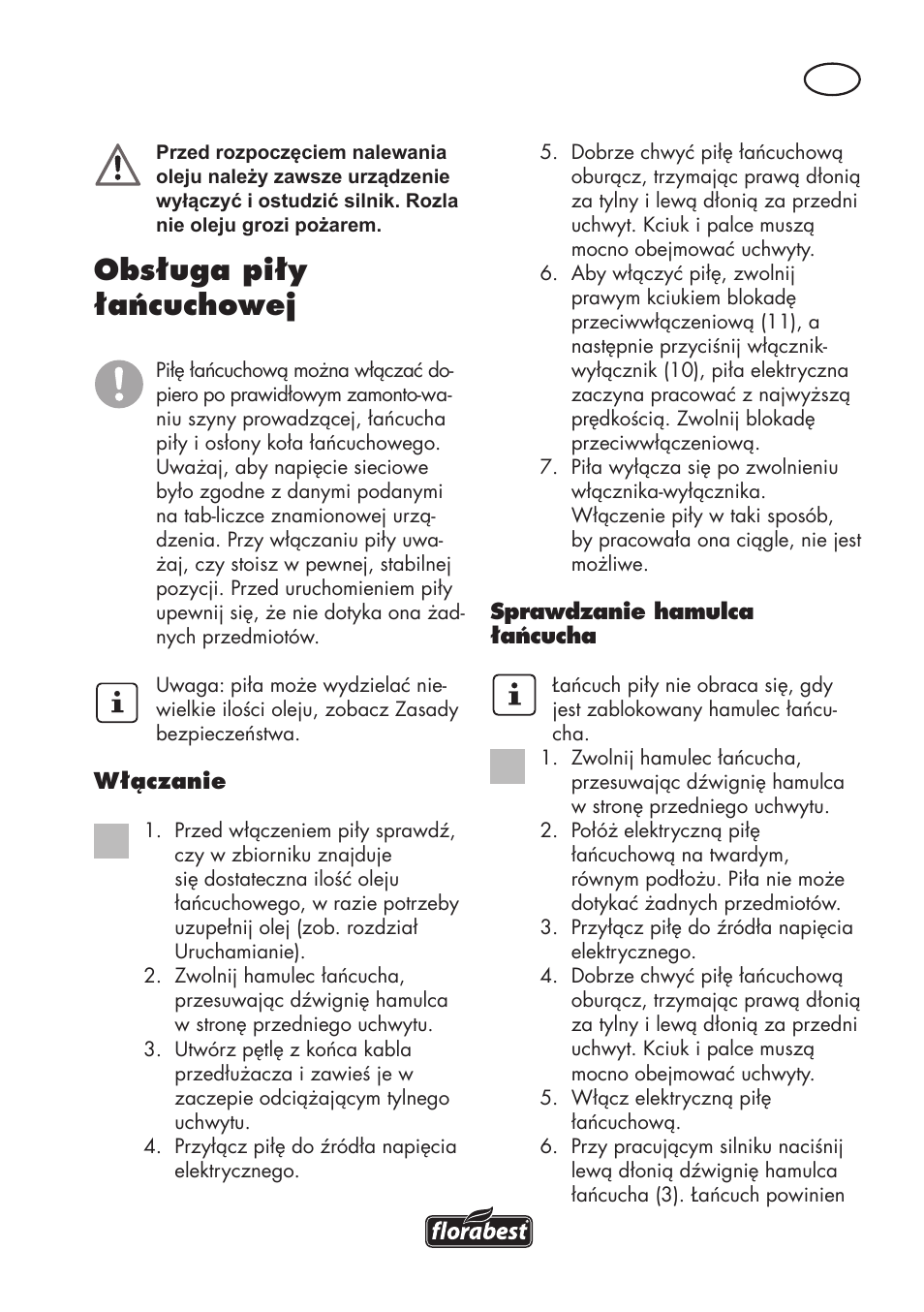Obsługa piły łańcuchowej | Florabest FKS 2200 D2 User Manual | Page 37 / 172
