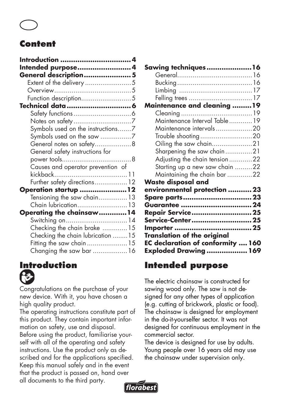 Introduction, Content, Intended purpose | Florabest FKS 2200 D2 User Manual | Page 4 / 172