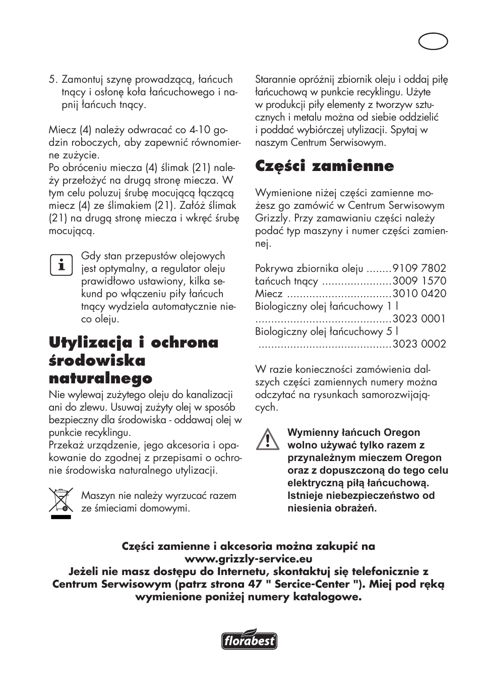 Utylizacja i ochrona środowiska naturalnego, Części zamienne | Florabest FKS 2200 D2 User Manual | Page 45 / 172