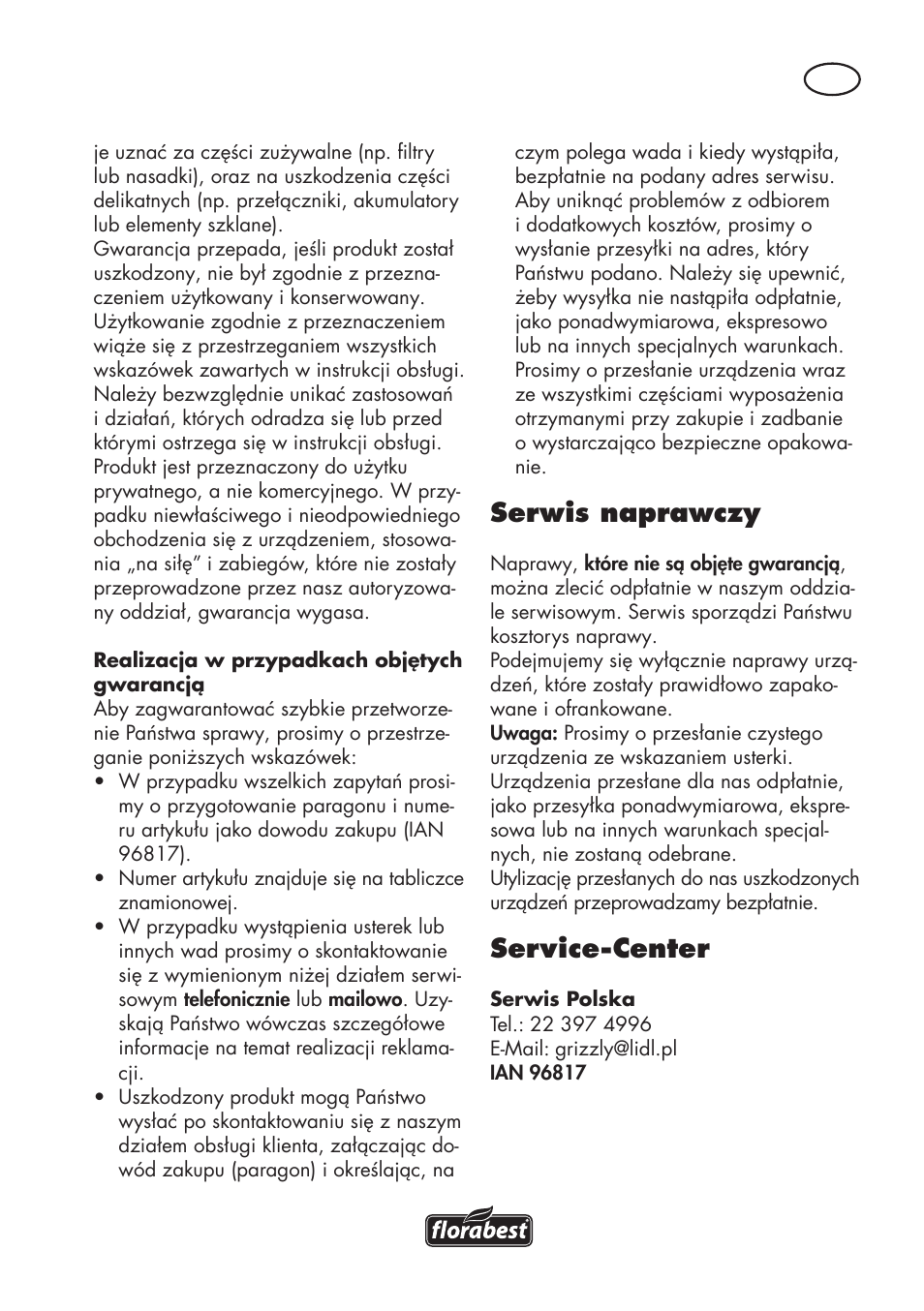 Service-center, Serwis naprawczy | Florabest FKS 2200 D2 User Manual | Page 47 / 172