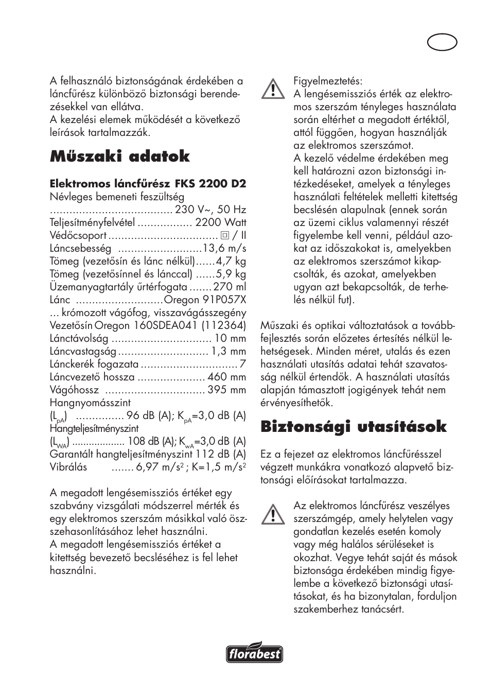 Műszaki adatok, Biztonsági utasítások | Florabest FKS 2200 D2 User Manual | Page 51 / 172