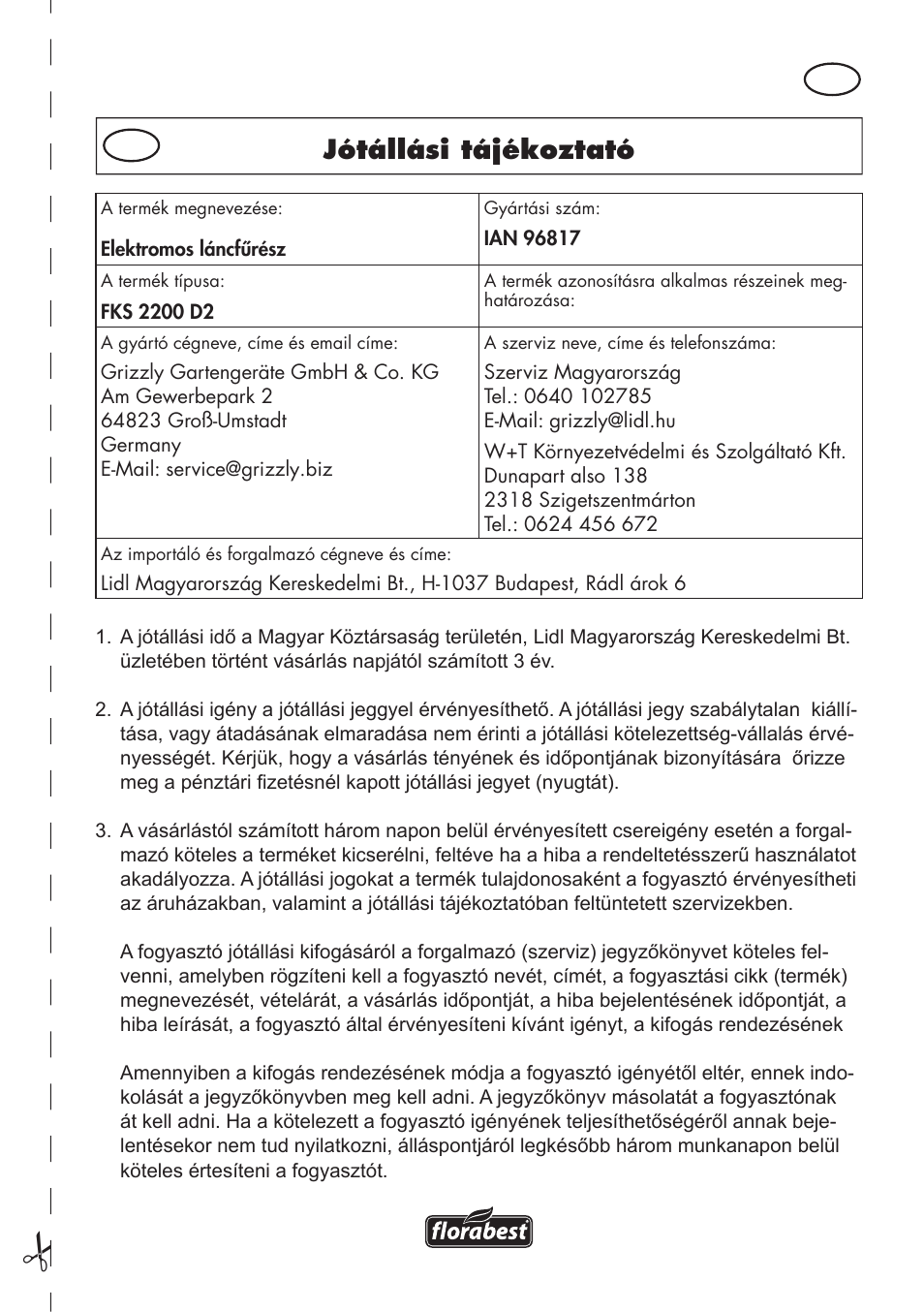 Jótállási tájékoztató | Florabest FKS 2200 D2 User Manual | Page 69 / 172