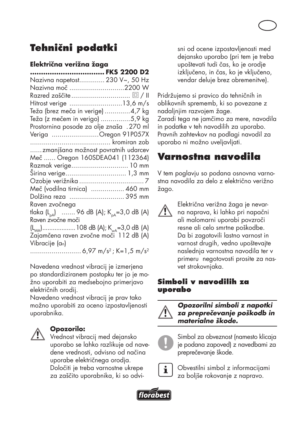 Tehnični podatki, Varnostna navodila | Florabest FKS 2200 D2 User Manual | Page 73 / 172