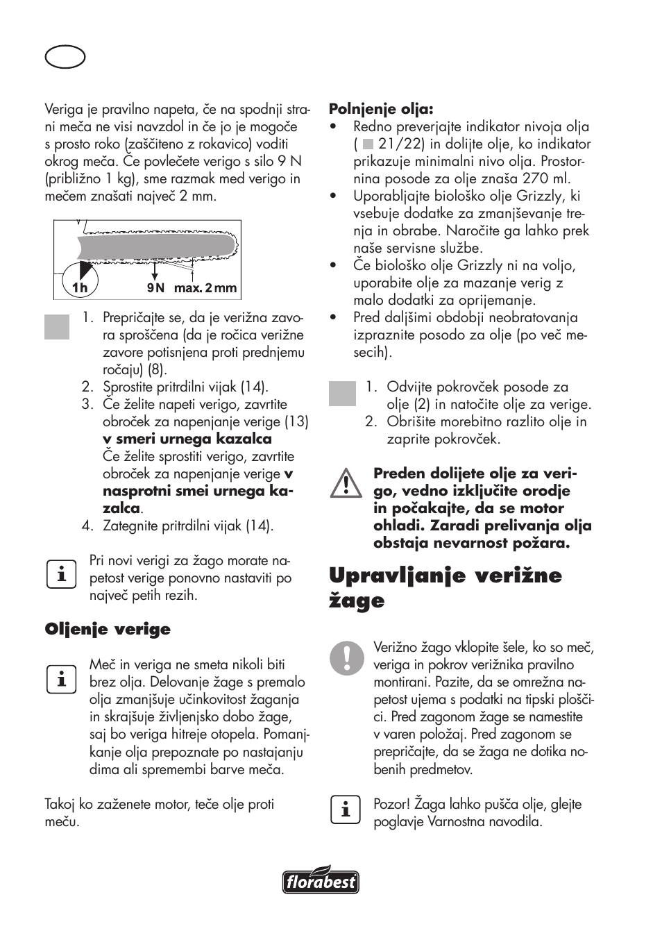 Upravljanje verižne žage | Florabest FKS 2200 D2 User Manual | Page 80 / 172