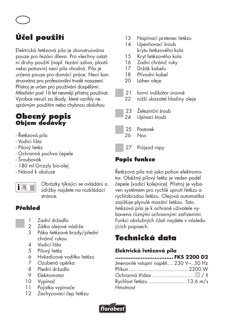 Účel použití, Obecný popis, Technická data | Florabest FKS 2200 D2 User Manual | Page 94 / 172