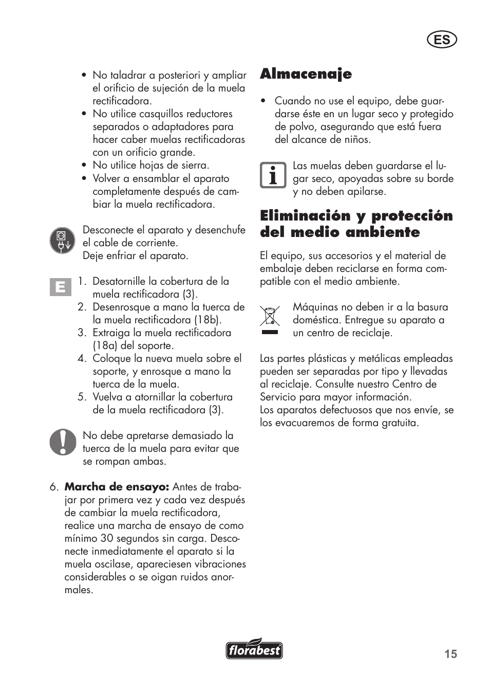 Almacenaje, Eliminación y protección del medio ambiente | Florabest FSG 85 B1 User Manual | Page 15 / 84