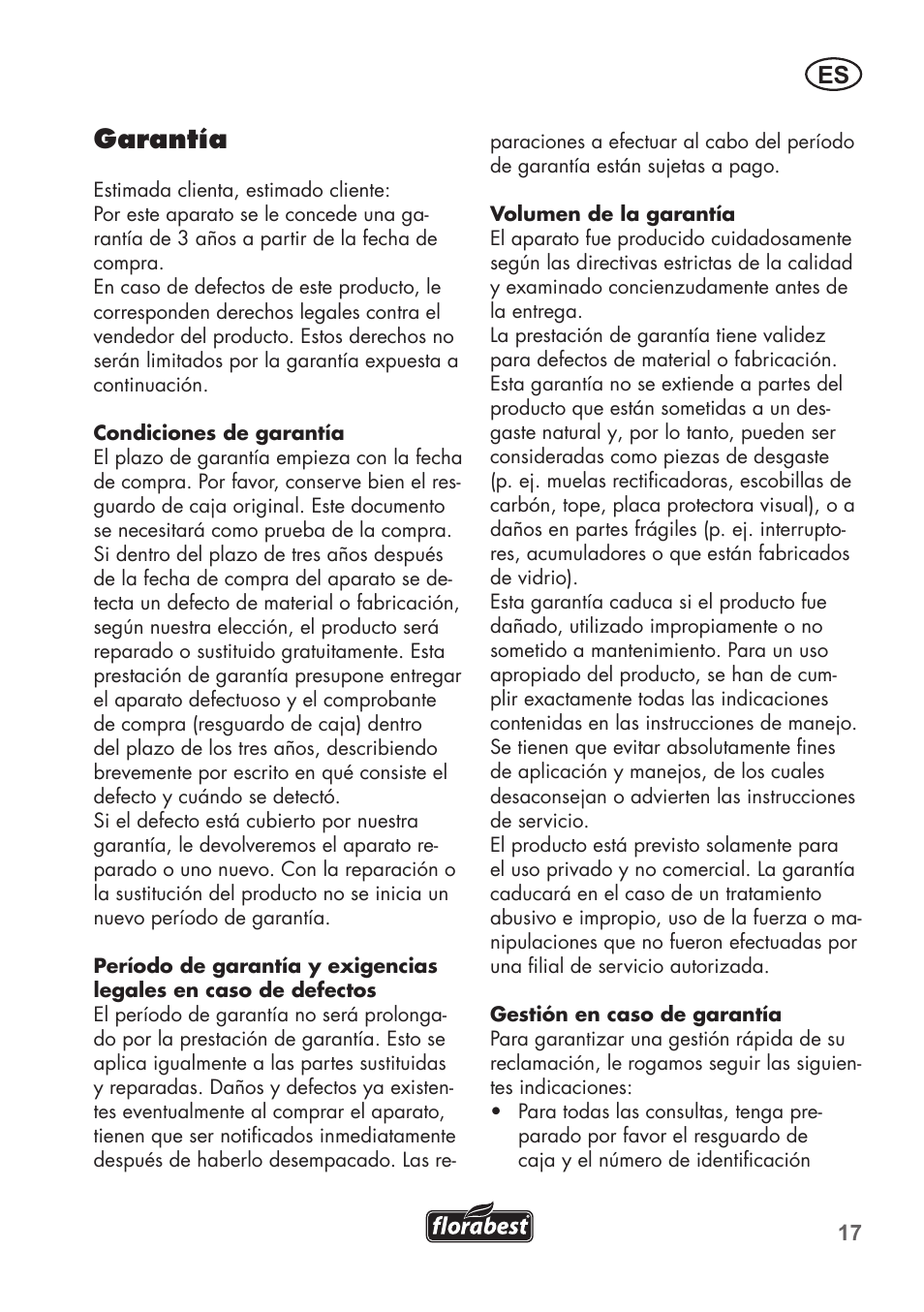 Garantía | Florabest FSG 85 B1 User Manual | Page 17 / 84