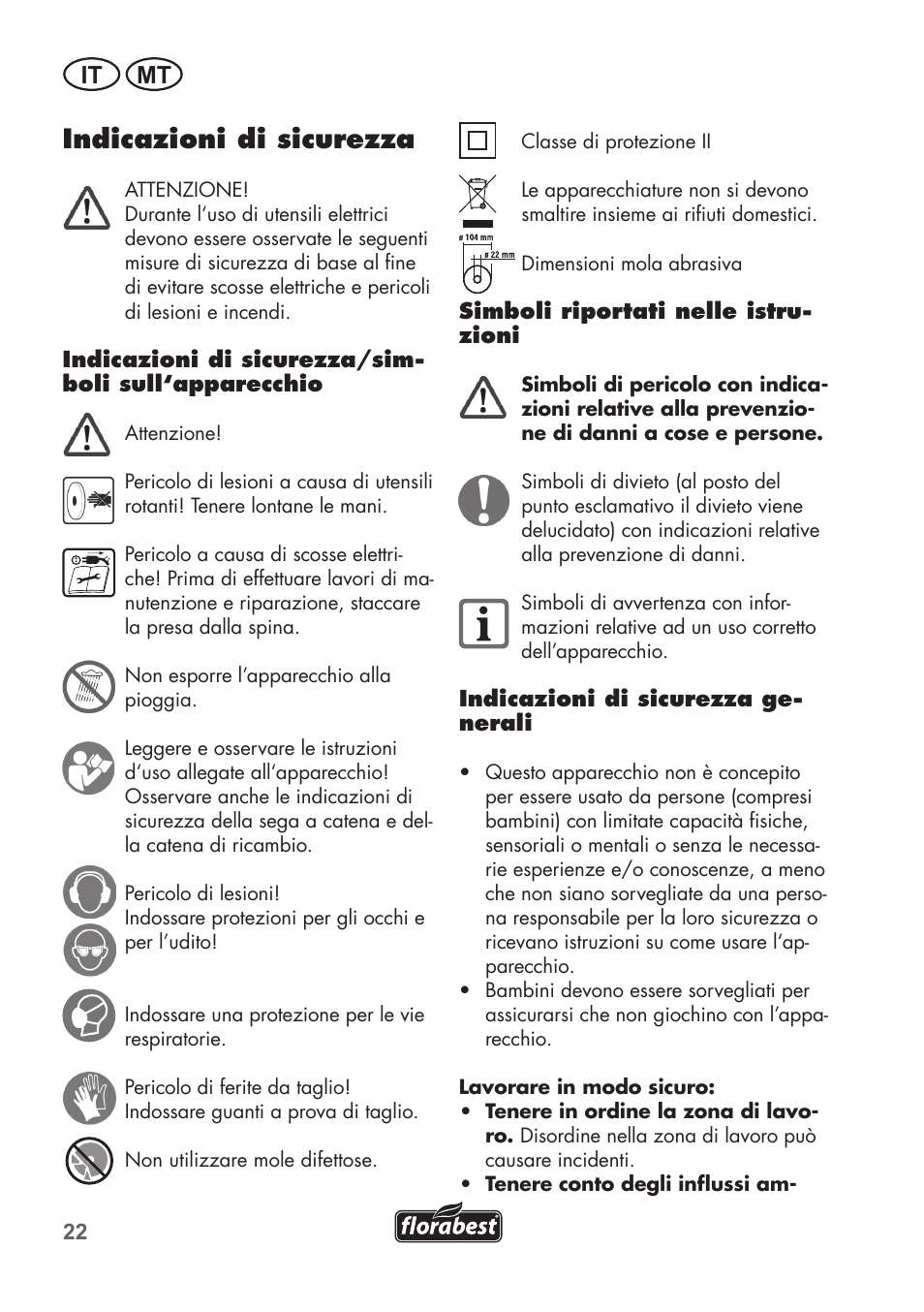 Indicazioni di sicurezza, It mt | Florabest FSG 85 B1 User Manual | Page 22 / 84