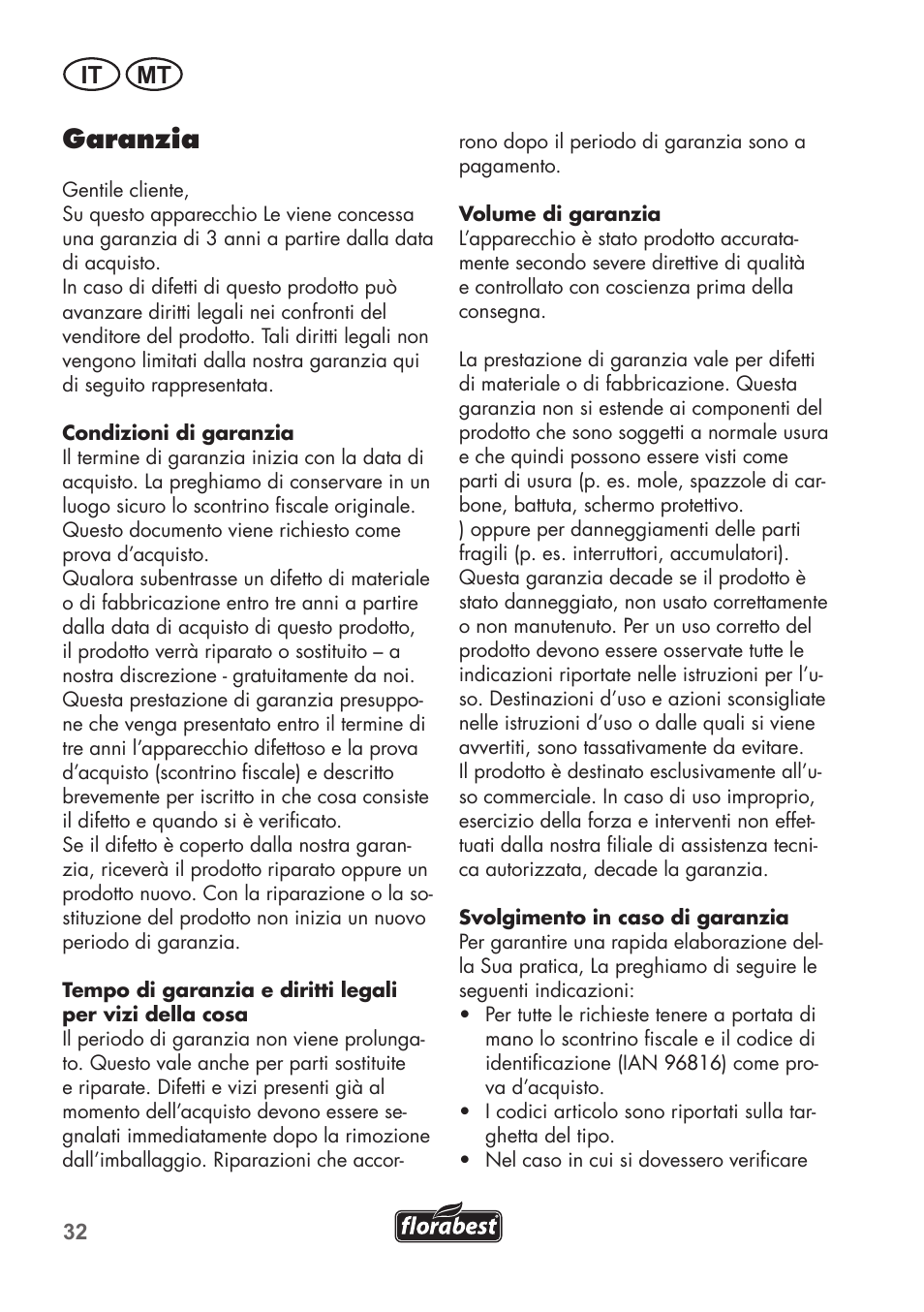 Garanzia, It mt | Florabest FSG 85 B1 User Manual | Page 32 / 84