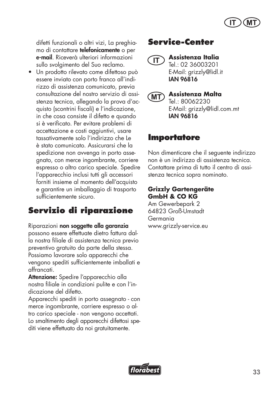 Servizio di riparazione, Service-center, Importatore | It mt | Florabest FSG 85 B1 User Manual | Page 33 / 84