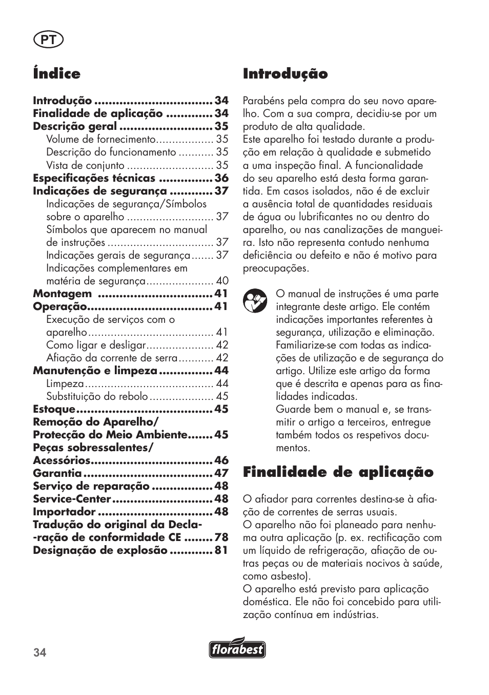 Introdução, Finalidade de aplicação, Índice | Florabest FSG 85 B1 User Manual | Page 34 / 84
