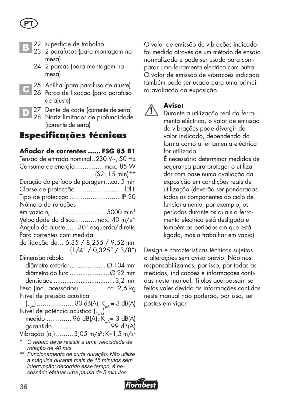 Especificações técnicas | Florabest FSG 85 B1 User Manual | Page 36 / 84