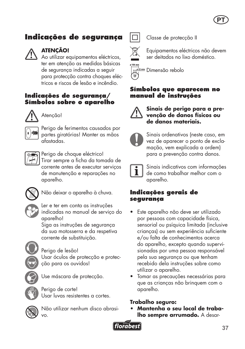Indicações de segurança | Florabest FSG 85 B1 User Manual | Page 37 / 84
