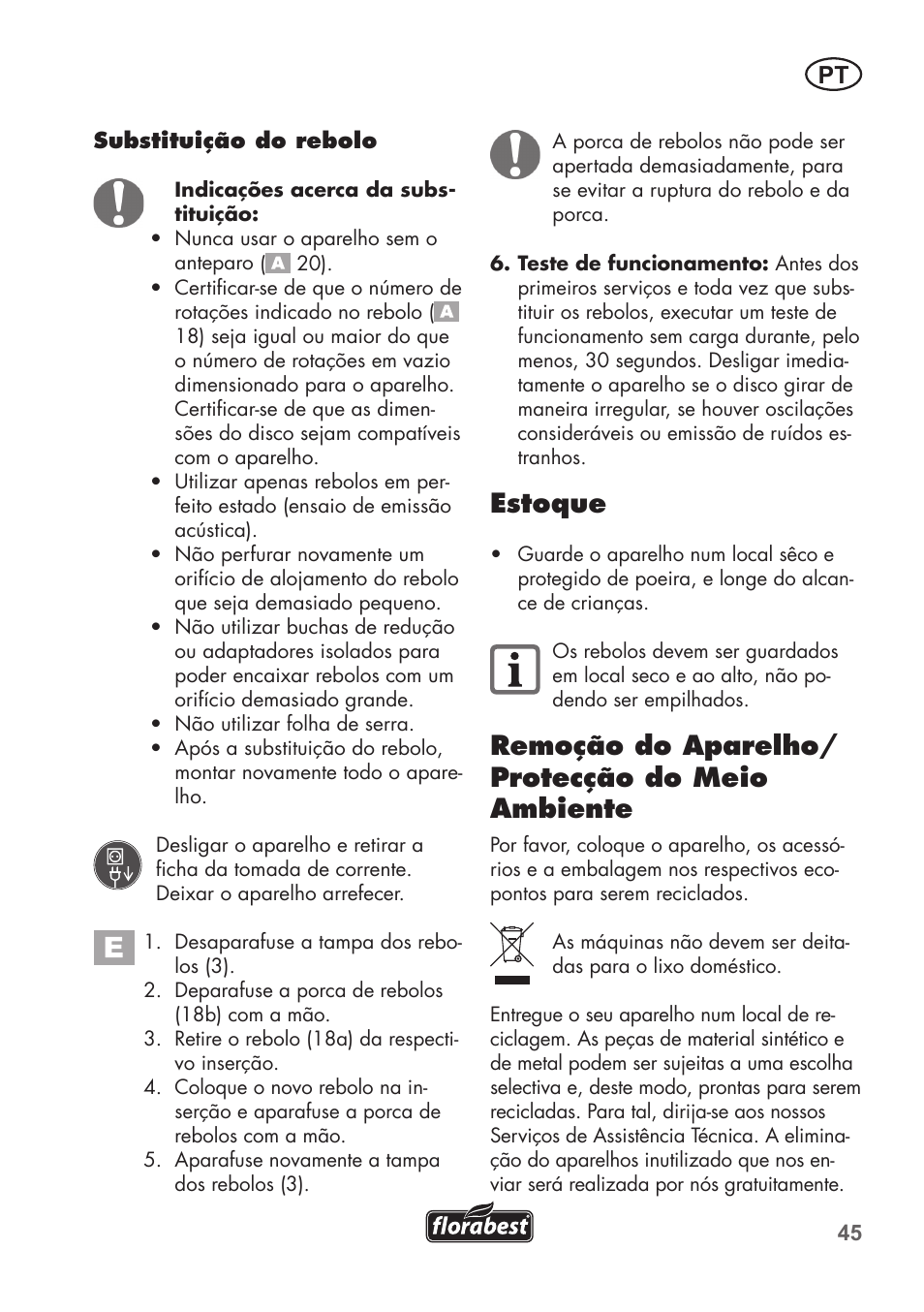 Estoque, Remoção do aparelho/ protecção do meio ambiente | Florabest FSG 85 B1 User Manual | Page 45 / 84