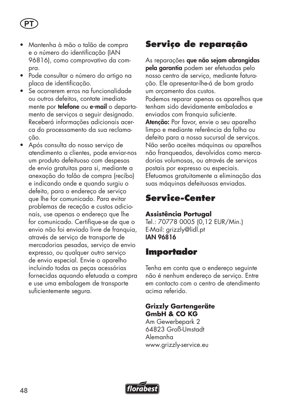 Serviço de reparação, Service-center, Importador | Florabest FSG 85 B1 User Manual | Page 48 / 84
