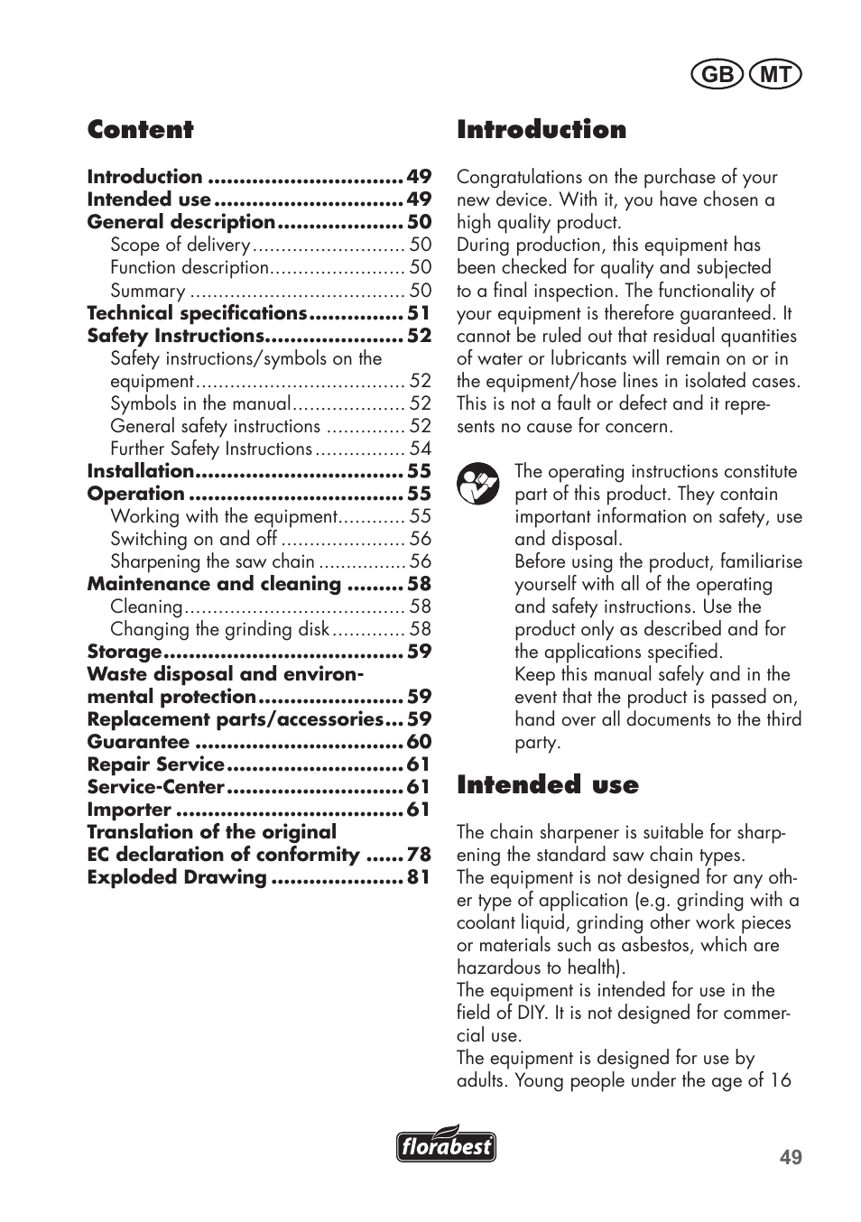 Introduction, Intended use, Content | Gb mt | Florabest FSG 85 B1 User Manual | Page 49 / 84