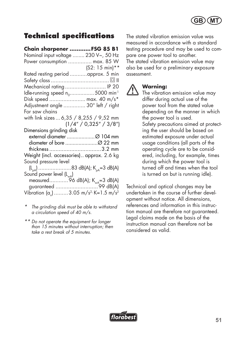 Technical specifications, Gb mt | Florabest FSG 85 B1 User Manual | Page 51 / 84