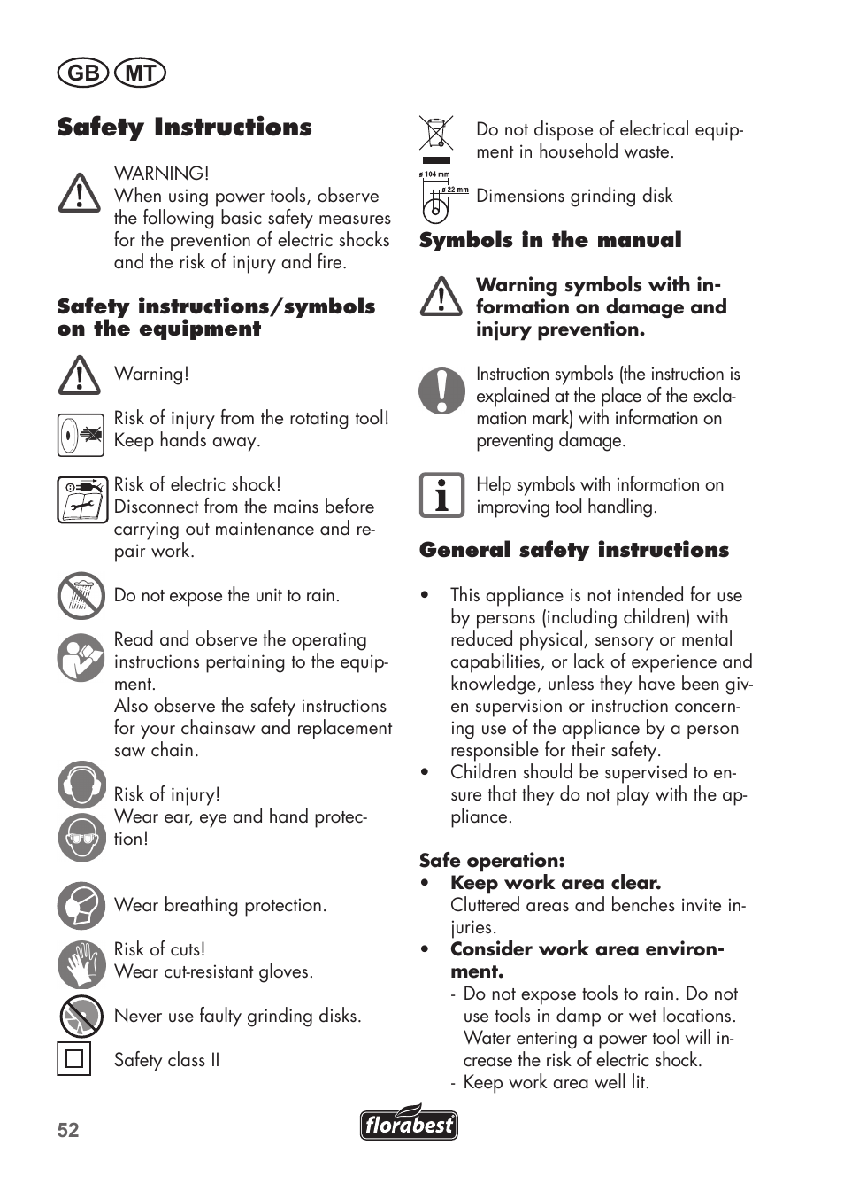 Safety instructions, Gb mt | Florabest FSG 85 B1 User Manual | Page 52 / 84