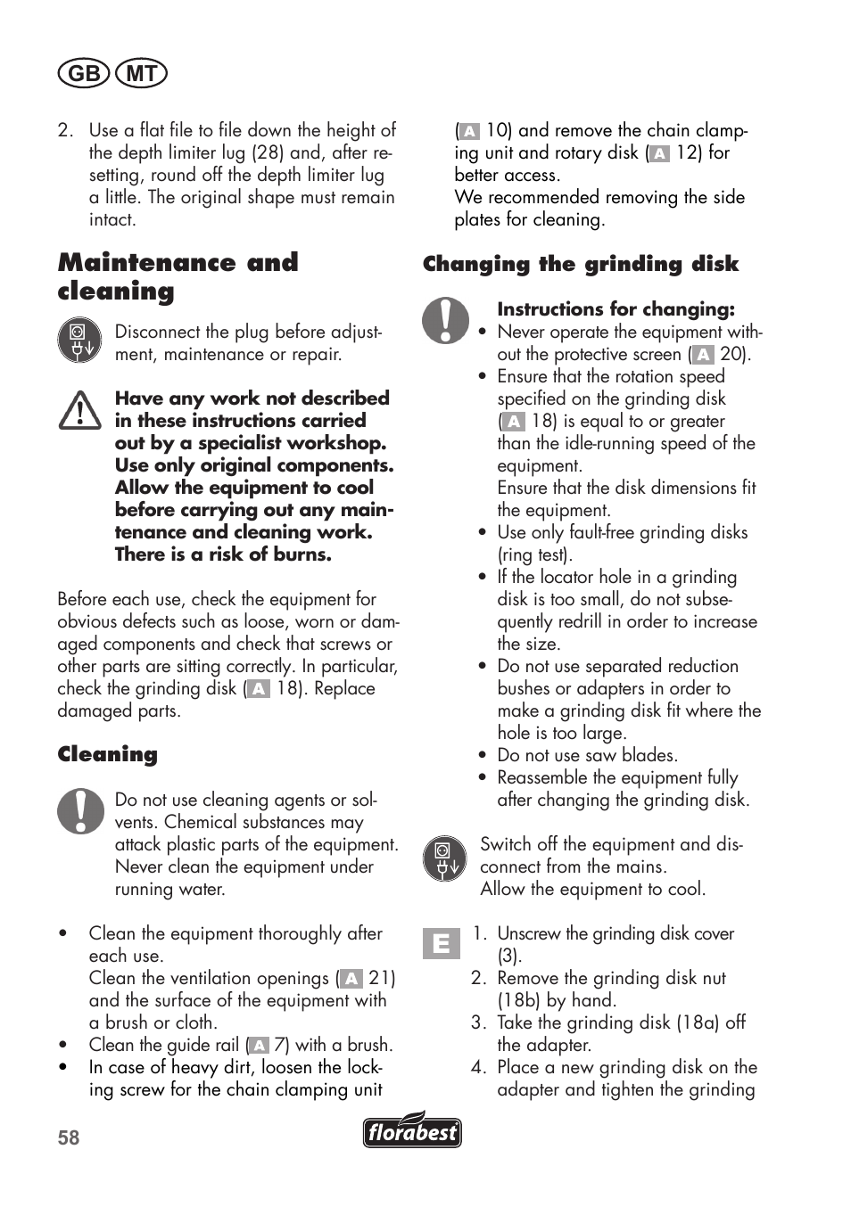 Maintenance and cleaning, Gb mt | Florabest FSG 85 B1 User Manual | Page 58 / 84