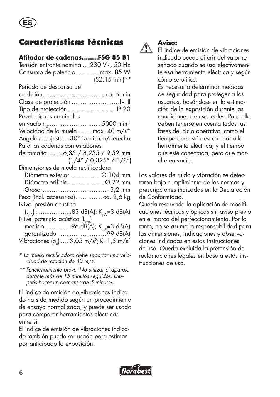 Características técnicas | Florabest FSG 85 B1 User Manual | Page 6 / 84