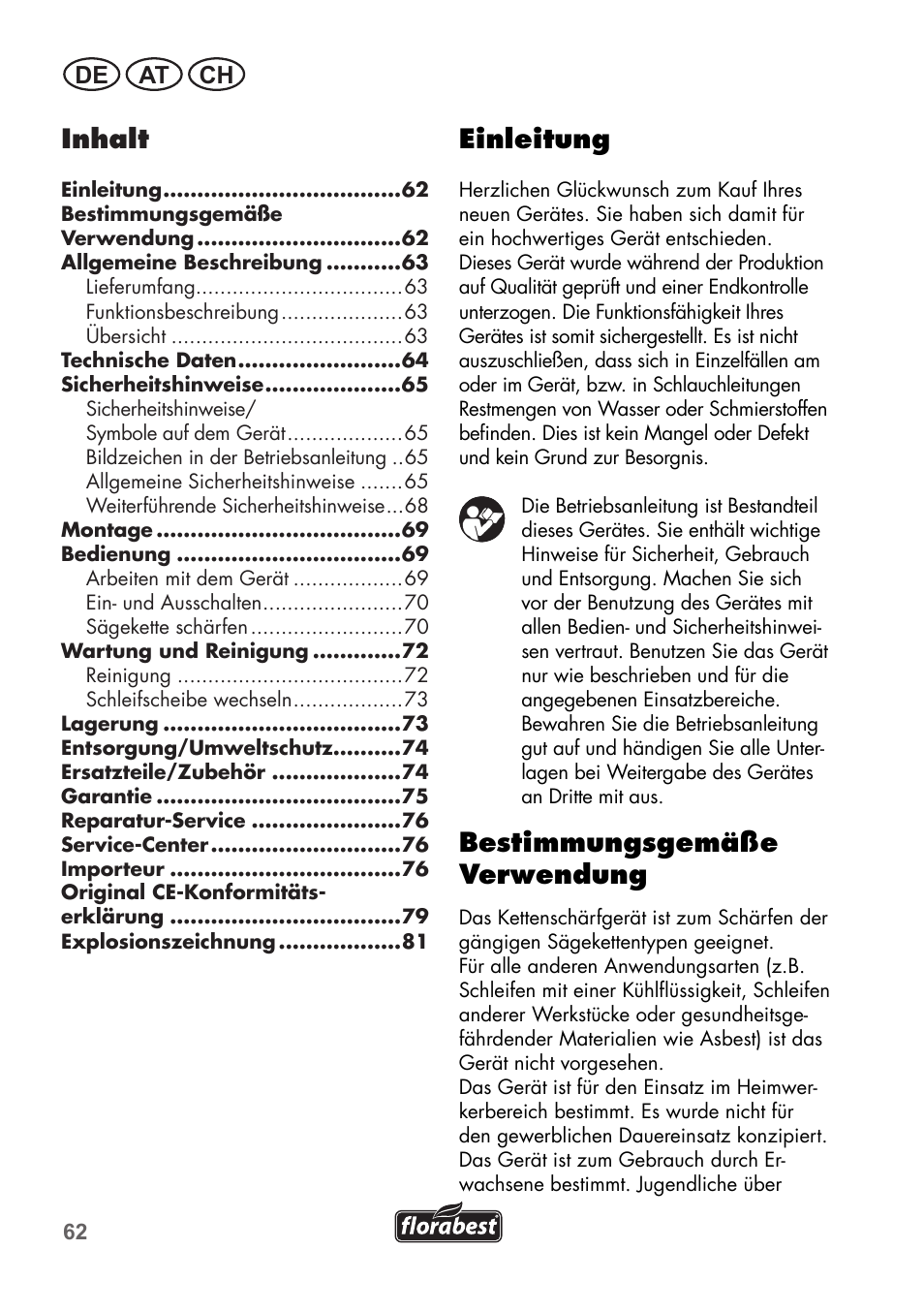 Einleitung, Bestimmungsgemäße verwendung, Inhalt | De at ch | Florabest FSG 85 B1 User Manual | Page 62 / 84