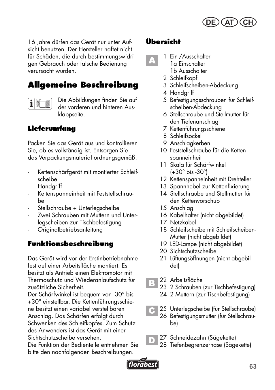 Allgemeine beschreibung, De at ch | Florabest FSG 85 B1 User Manual | Page 63 / 84