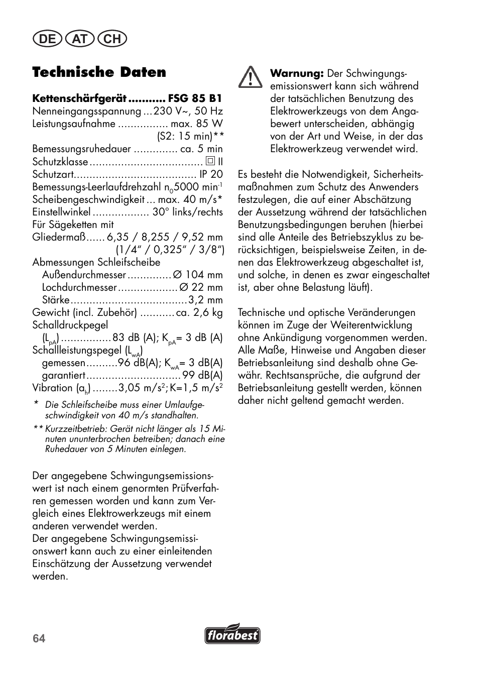 Technische daten, De at ch | Florabest FSG 85 B1 User Manual | Page 64 / 84