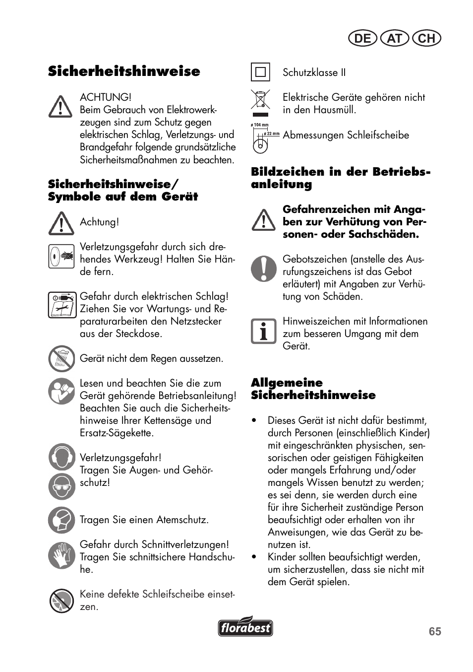 Sicherheitshinweise, De at ch | Florabest FSG 85 B1 User Manual | Page 65 / 84