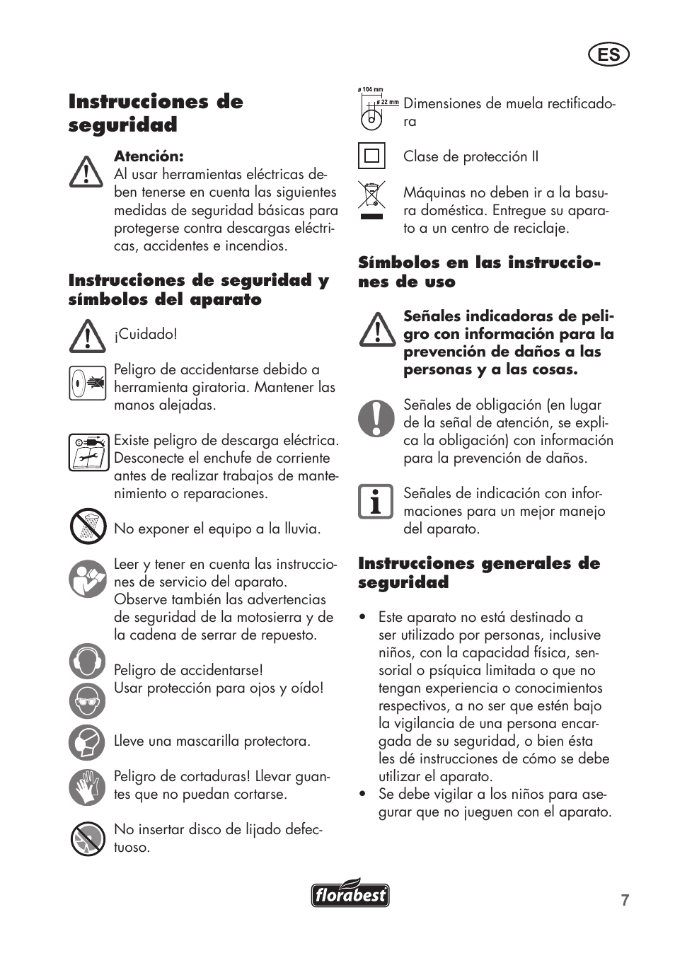 Instrucciones de seguridad | Florabest FSG 85 B1 User Manual | Page 7 / 84